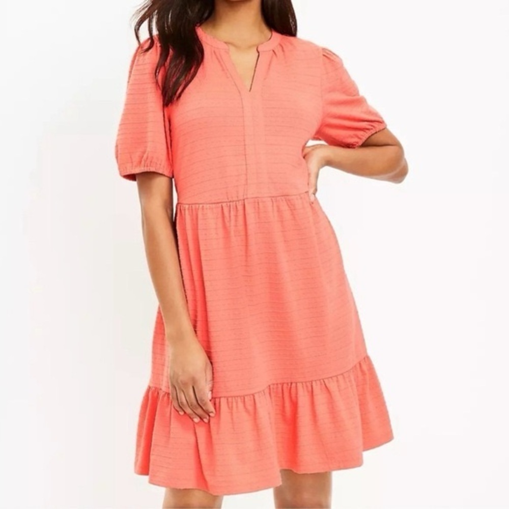 New LOFT Medium Petite Coral Textured Cotton Short Sleeve Dress Spring Shower